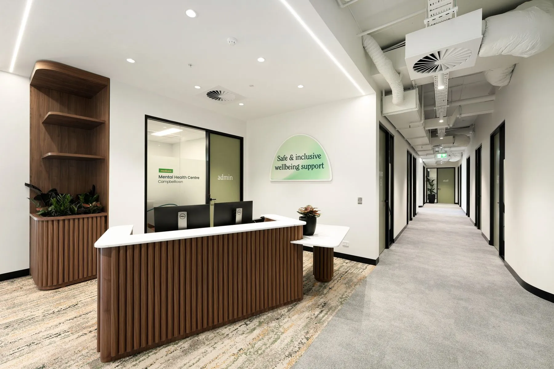 Timber-slat reception desk at Medicare Mental Health, Campbelltown
