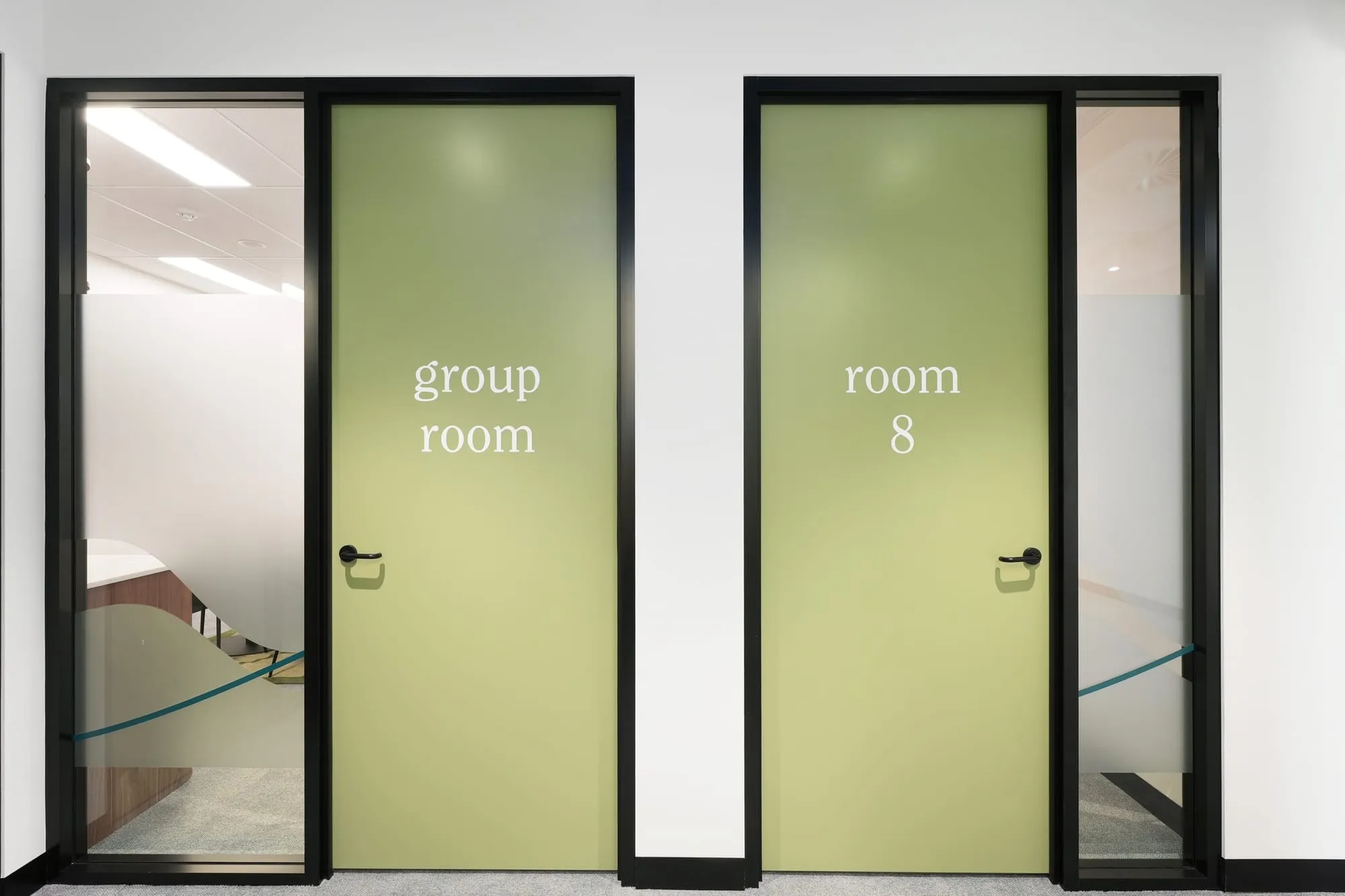 Sage green group room doors at Medicare Mental Health, Campbelltown